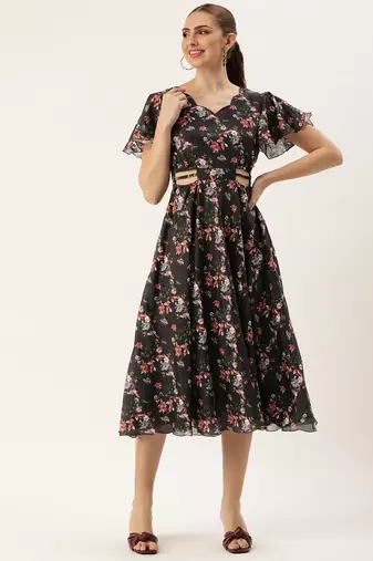 Ethnovog ready to wear black chinon side cut out dress