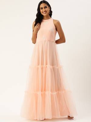 Ethnovog ready to wear peach georgette embroidered dress 1