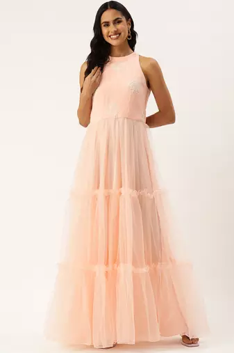 Ethnovog ready to wear peach georgette embroidered dress