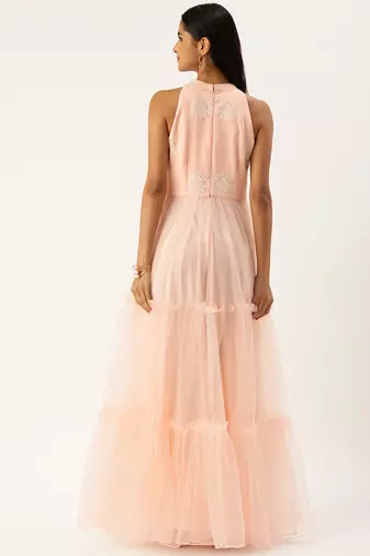Ethnovog ready to wear peach georgette embroidered dress