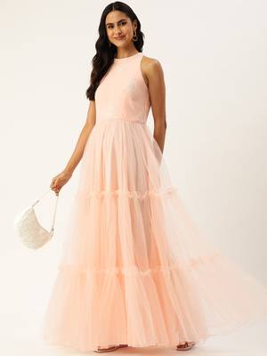 Ethnovog ready to wear peach georgette embroidered dress 3