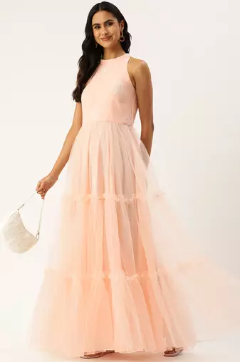 Ethnovog ready to wear peach georgette embroidered dress
