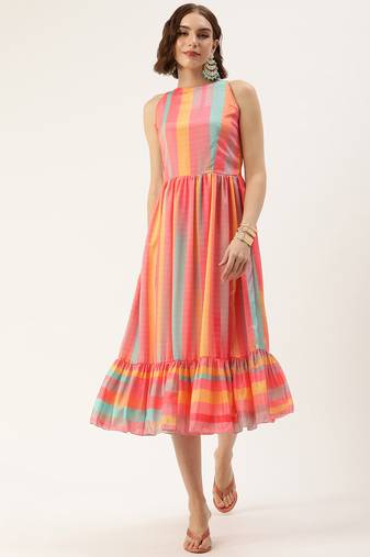 Ethnovog ready to wear multicolor print  chinon dress