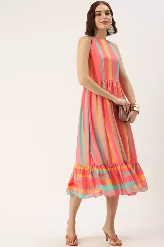 Ethnovog ready to wear multicolor print  chinon dress