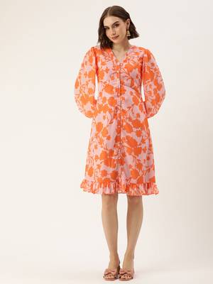 Ethnovog ready to wear pink n orange printed georgette dress 1