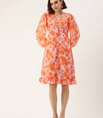 Ethnovog ready to wear pink n orange printed georgette dress