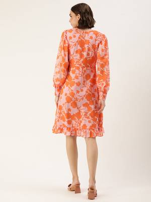 Ethnovog ready to wear pink n orange printed georgette dress 2