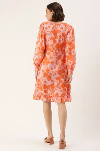 Ethnovog ready to wear pink n orange printed georgette dress