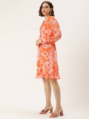 Ethnovog ready to wear pink n orange printed georgette dress 3