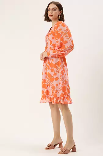 Ethnovog ready to wear pink n orange printed georgette dress