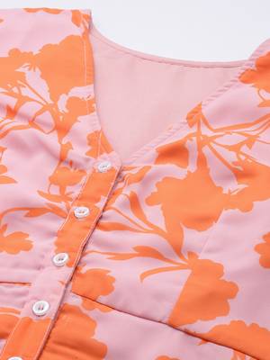 Ethnovog ready to wear pink n orange printed georgette dress 4