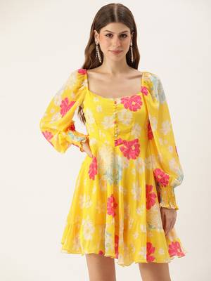 Ethnovog ready to wear yellow digital printed chinon smocking dress 1