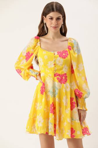 Ethnovog ready to wear yellow digital printed chinon smocking dress