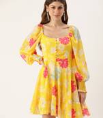 Ethnovog ready to wear yellow digital printed chinon smocking dress