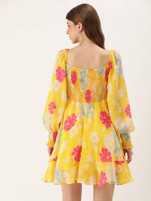 Ethnovog ready to wear yellow digital printed chinon smocking dress 2