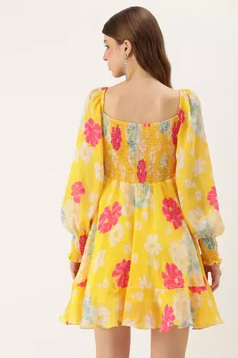 Ethnovog ready to wear yellow digital printed chinon smocking dress