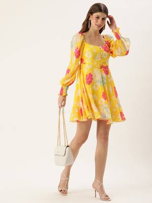 Ethnovog ready to wear yellow digital printed chinon smocking dress 3