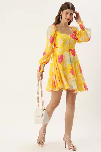 Ethnovog ready to wear yellow digital printed chinon smocking dress