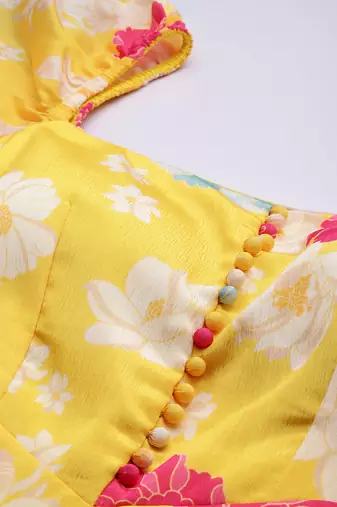 Ethnovog ready to wear yellow digital printed chinon smocking dress