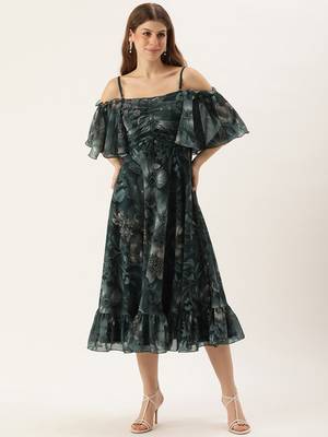 Ethnovog ready to wear green printed georgette off shoulder dress 1