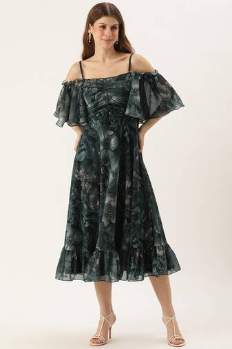 Ethnovog ready to wear green printed georgette off shoulder dress