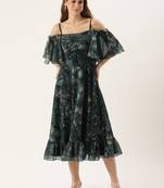 Ethnovog ready to wear green printed georgette off shoulder dress