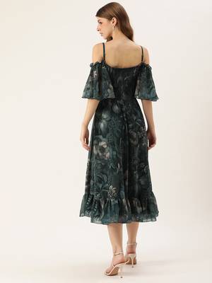 Ethnovog ready to wear green printed georgette off shoulder dress 2