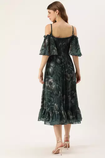 Ethnovog ready to wear green printed georgette off shoulder dress