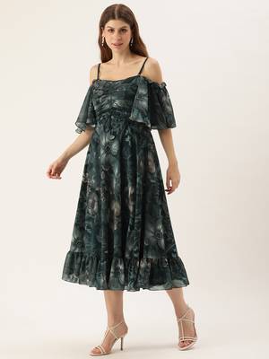 Ethnovog ready to wear green printed georgette off shoulder dress 3