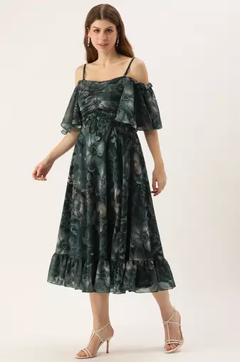 Ethnovog ready to wear green printed georgette off shoulder dress