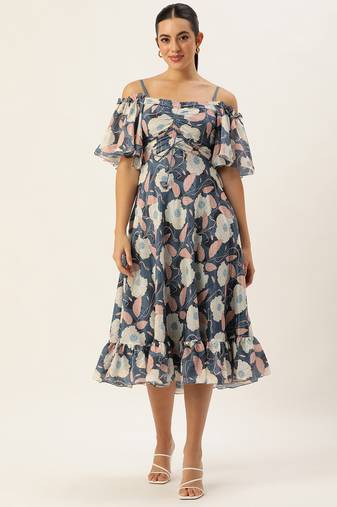 Ethnovog ready to wear teal printed chinon off shoulder dress