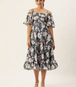 Ethnovog ready to wear teal printed chinon off shoulder dress