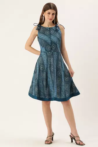 Ethnovog ready to wear blue art silk printed dress