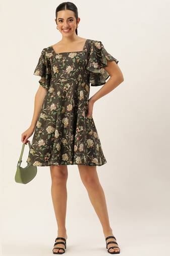 Ethnovog ready to wear grey printed cotton dress