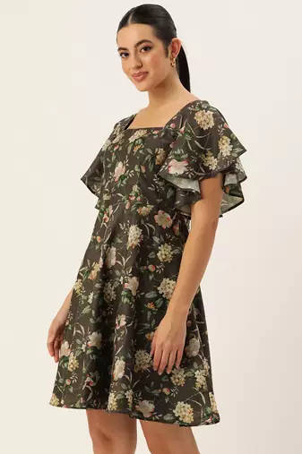 Ethnovog ready to wear grey printed cotton dress