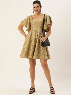 Ethnovog ready to wear beige rayon printed dress 1