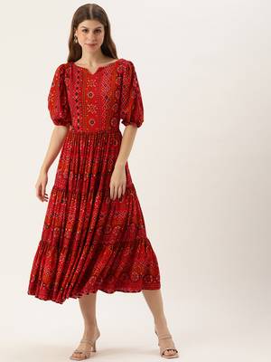 Ethnovog ready to wear red printed viscose fabric dress 1