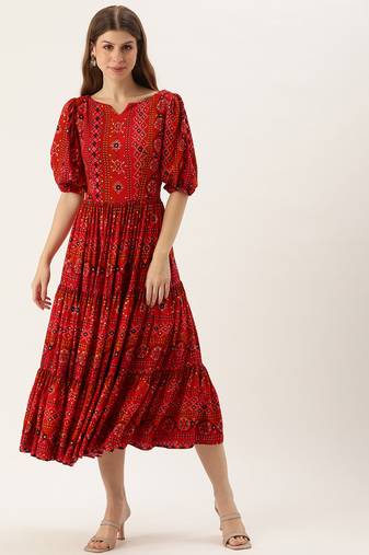 Ethnovog ready to wear red printed viscose fabric dress