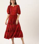 Ethnovog ready to wear red printed viscose fabric dress