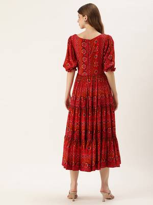 Ethnovog ready to wear red printed viscose fabric dress 2