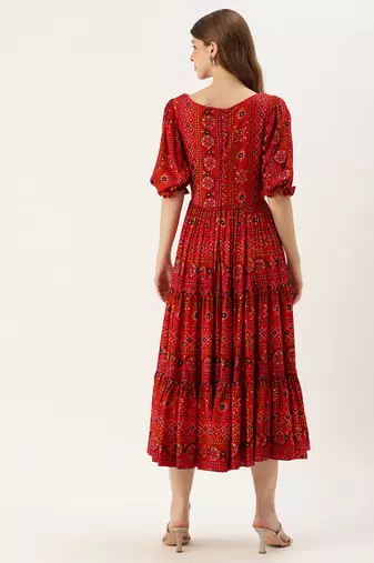 Ethnovog ready to wear red printed viscose fabric dress
