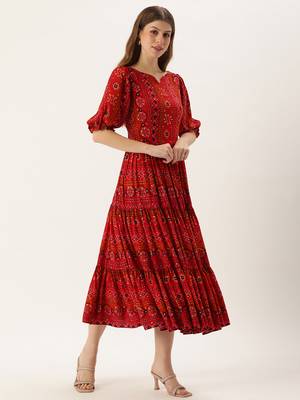Ethnovog ready to wear red printed viscose fabric dress 3