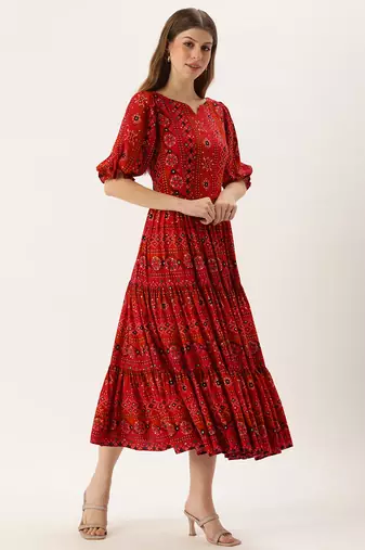 Ethnovog ready to wear red printed viscose fabric dress