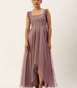 Ethnovog ready to wear purple net embroidered asymmetrical gown