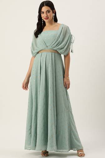 Ethnovog ready to wear green georgette embroidered overlap draped gown