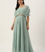 Ethnovog ready to wear green georgette embroidered overlap draped gown