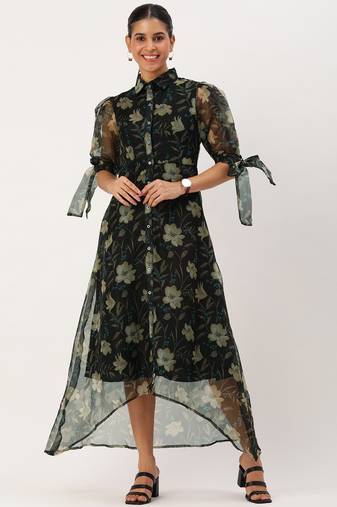 Ethnovog ready to wear black organza digital printed dress