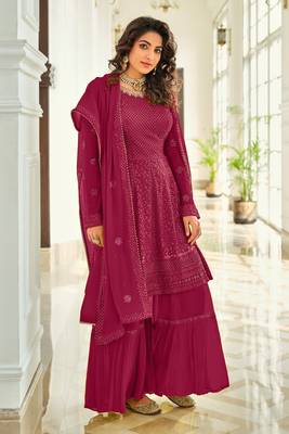 Pink Embroidered Georgette Semi Stitched Anarkali Suit Up To 42" Size 1