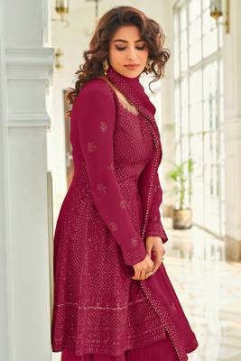Pink Embroidered Georgette Semi Stitched Anarkali Suit Up To 42" Size 2