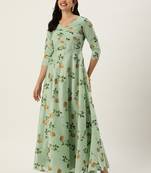 Ethnovog ready to wear green art silk foil print patch style neck gown